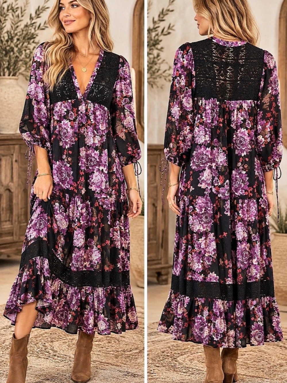 Free People Maxi Dress in Black & Purple 🌼 ☀️